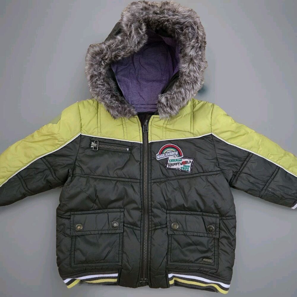 CATIMINI Coat Puffer Collar Fur Baby Boy Good Condition 2 Years Yellow Green